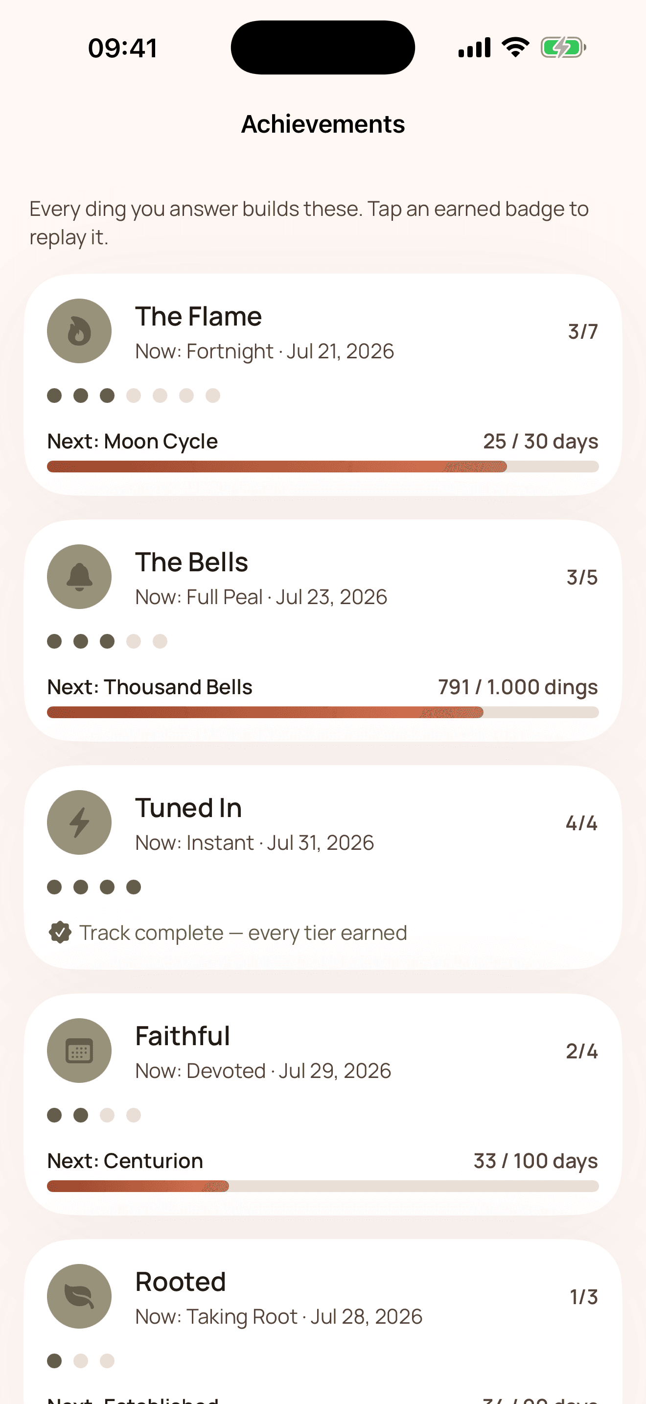 The Achievements screen listing badge tracks with tier progress bars.