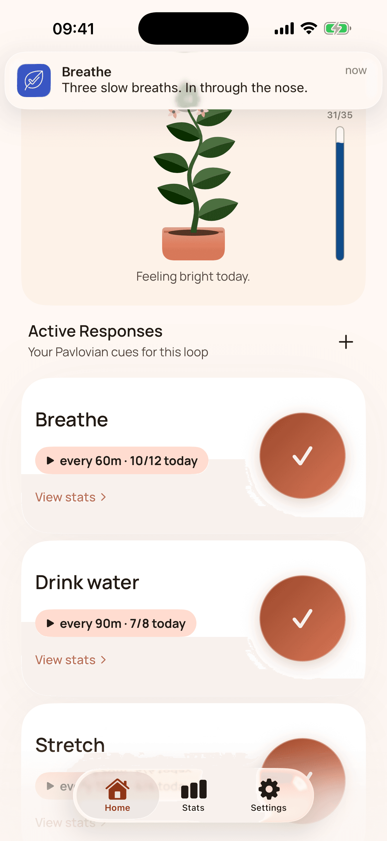 An iPhone showing a DingBit notification reading “Breathe — three slow breaths. In through the nose.”