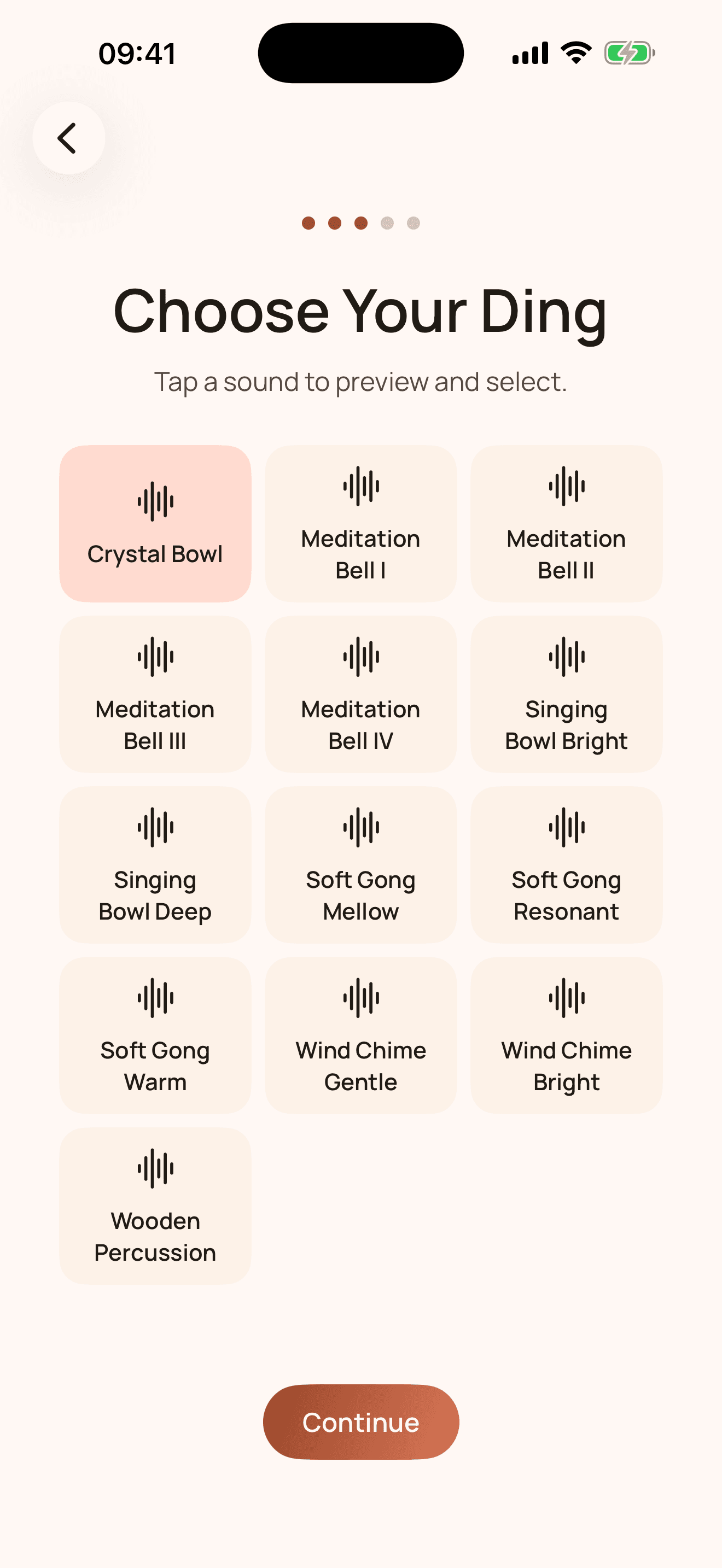The Choose Your Ding screen showing a grid of thirteen named sounds, with Crystal Bowl selected.